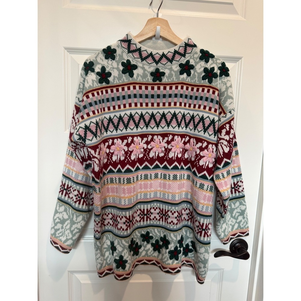 Middlebrook Park Vintage Floral Applique Fair Isle Mock Neck Sweater Womens M